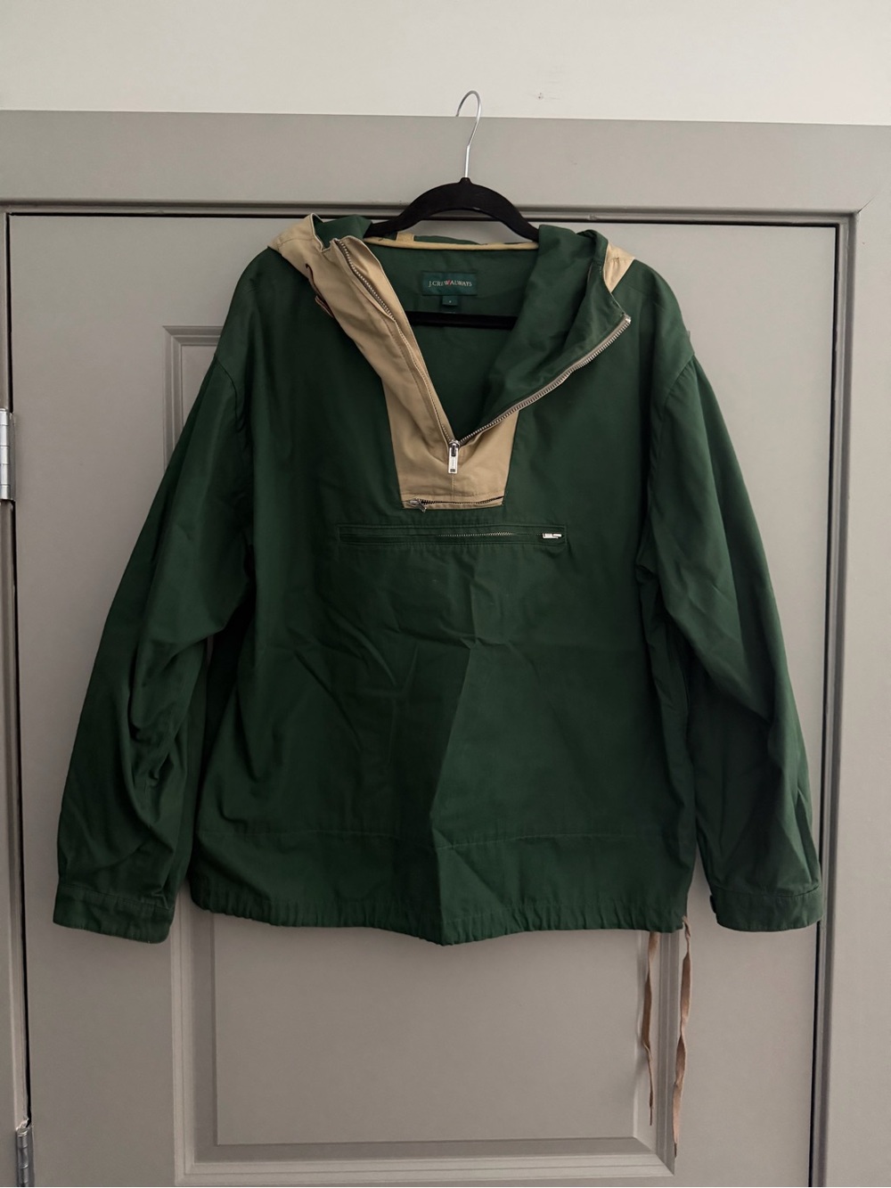 JCrew Always Forrest Green Hooded Pullover Anorak Jacket with Tan Trim Cotton